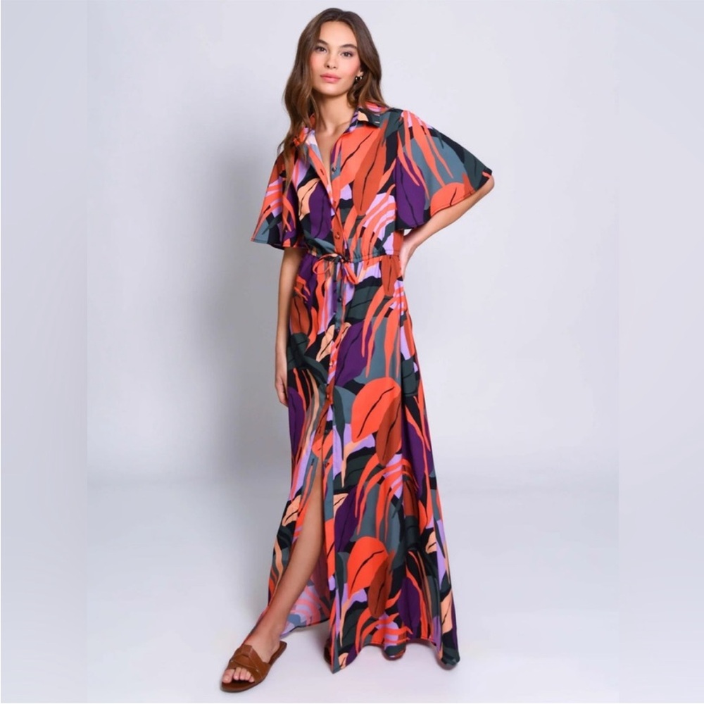 NWT Hutch Layton Maxi Dress Tropical Banana Leaf Print Button Front Size XS